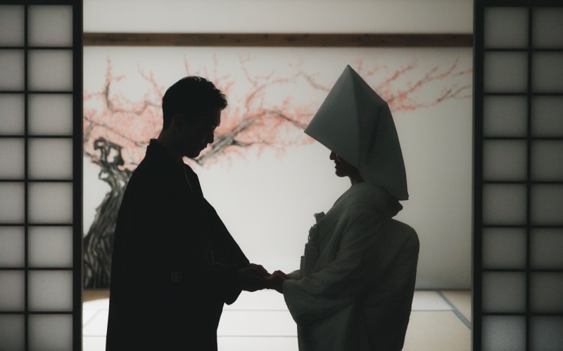 屋内庭園で和装撮影