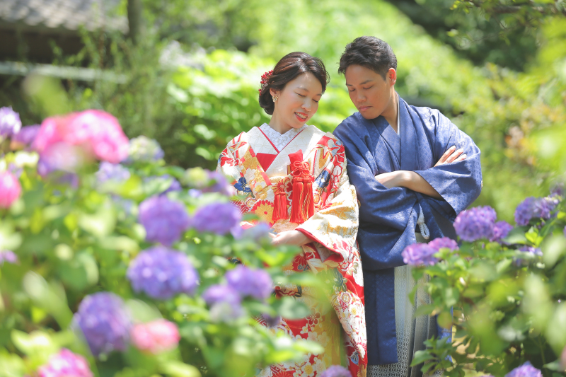 色とりどりの紫陽花に囲まれて