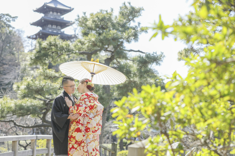 三重塔を背景に