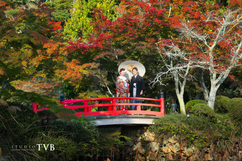 紅葉をバックに