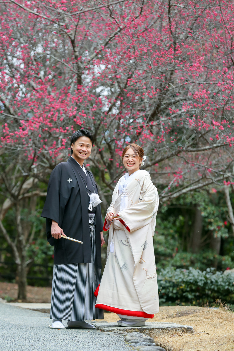 嵐山で梅の花の中のフォトウェディング