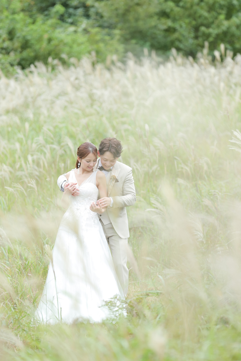 ススキの優しく揺れる中。