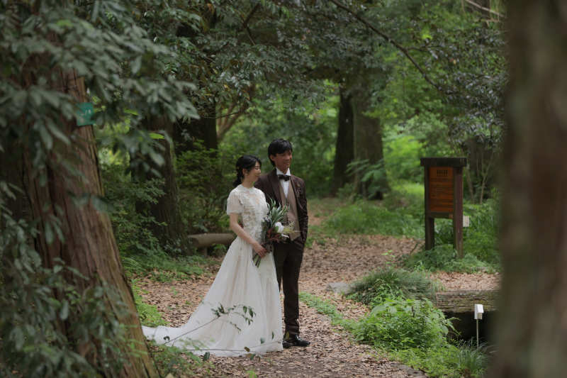 木々から差し込む光の中で