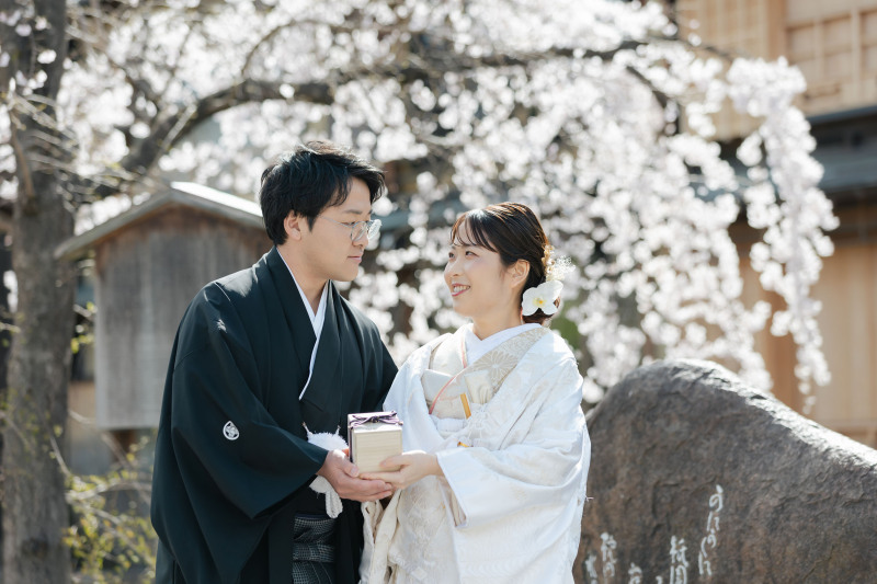 満開の桜を背に寄り添う二人