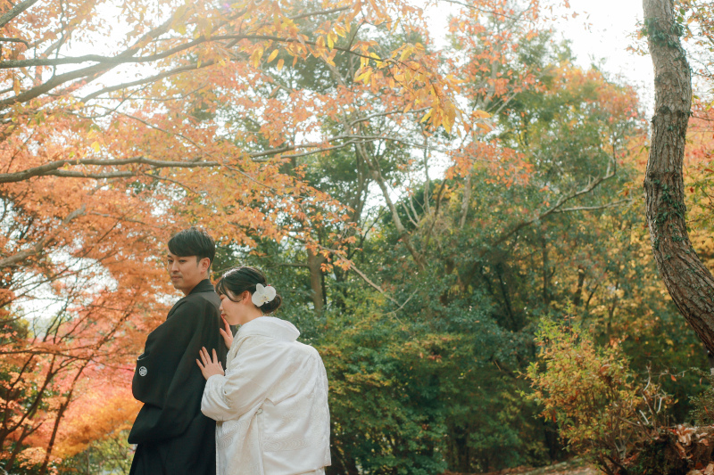 カラフルな葉っぱを背景に