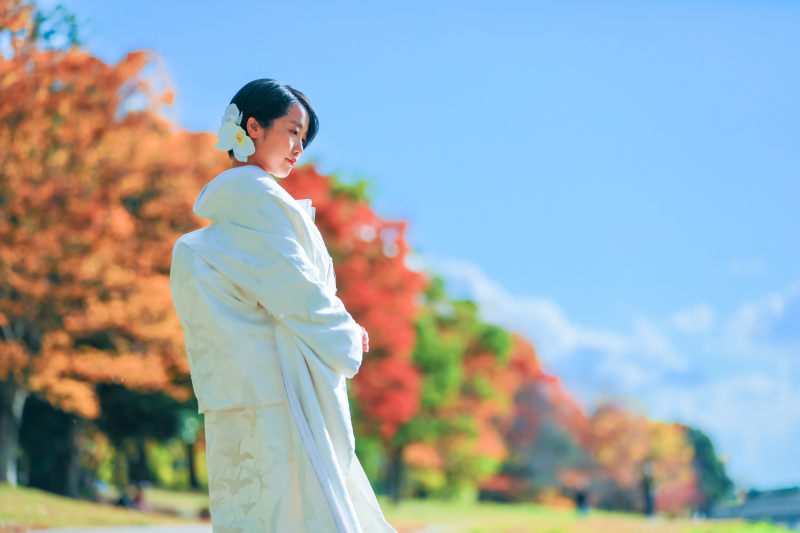 紅葉の並木の河川敷で。