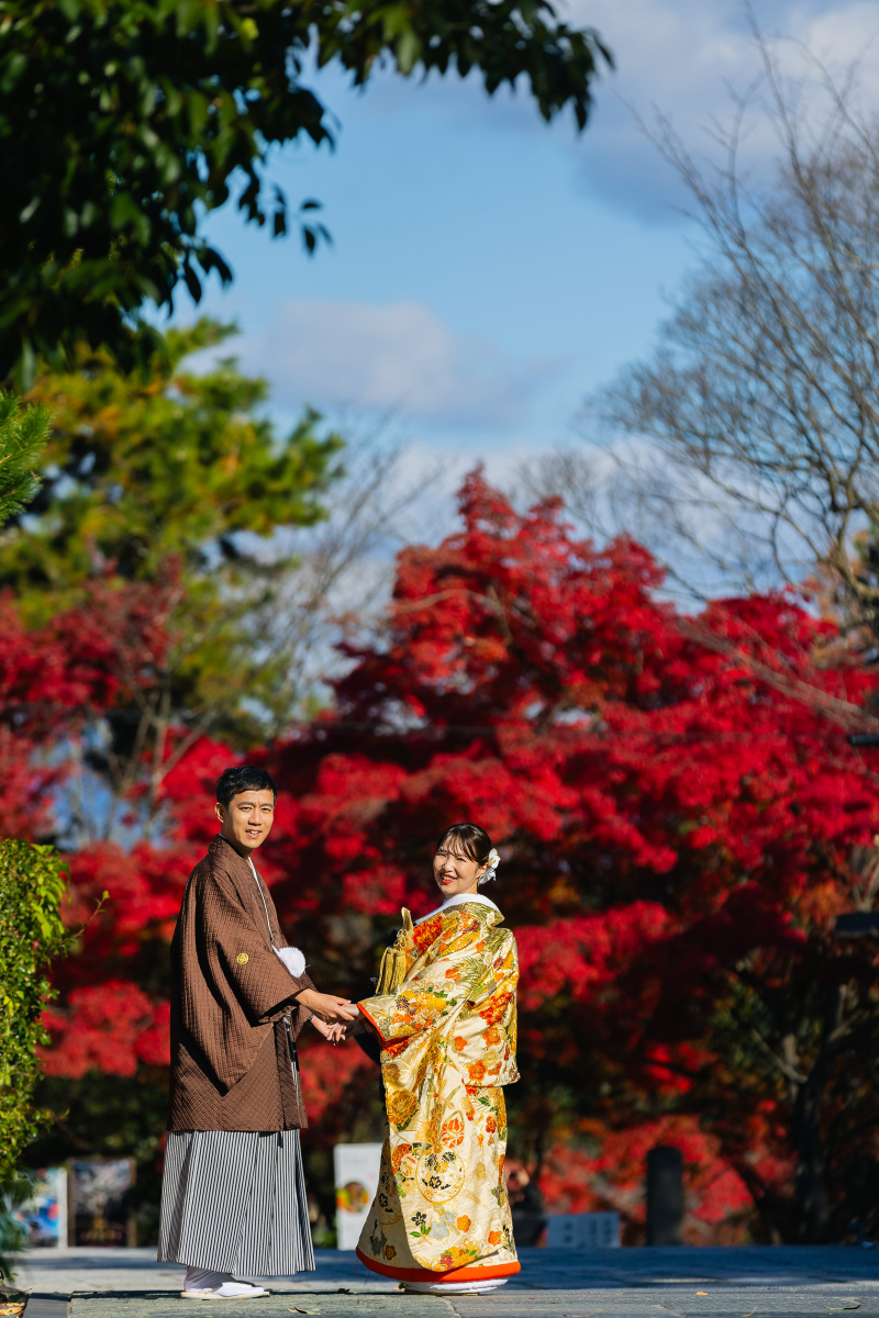 真っ赤に染まったもみじを背景にしたショット。