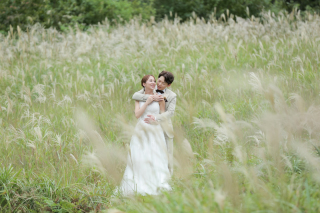 秋のススキの揺らめく自然の中で