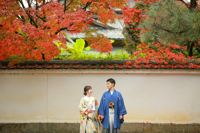 色鮮やかな紅葉と白壁のコントラストが綺麗!