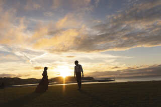 多賀の浜で夕日ロケ