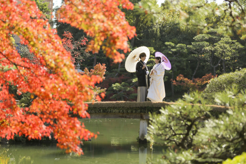 紅葉の季節、橋の上での撮影