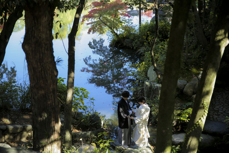 相楽園の自然が映り込んだ池の写真。