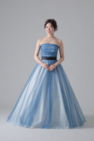 トップスシャーリング配色ベルト（ブルー）/ED60883