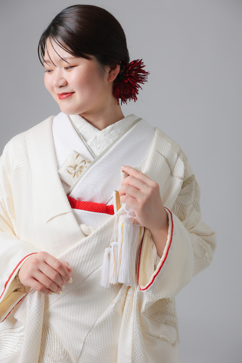 絞り飛翔鶴銀刺繍フキ袖赤ライン/00645