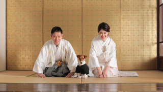 ペットと一緒に和装屋内庭園