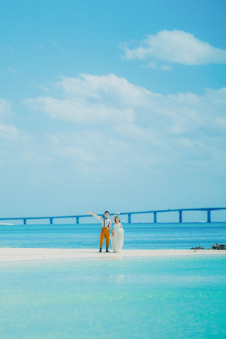 どこまでも続く水平線の中に立つふたりの姿を遠くから。青い空と海、白い雲と砂浜、ずっと記憶に残る美しい景色と一緒に。
