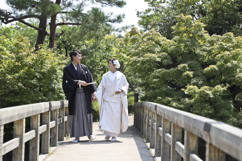 鮮やかな緑をバックに橋をお散歩撮影
