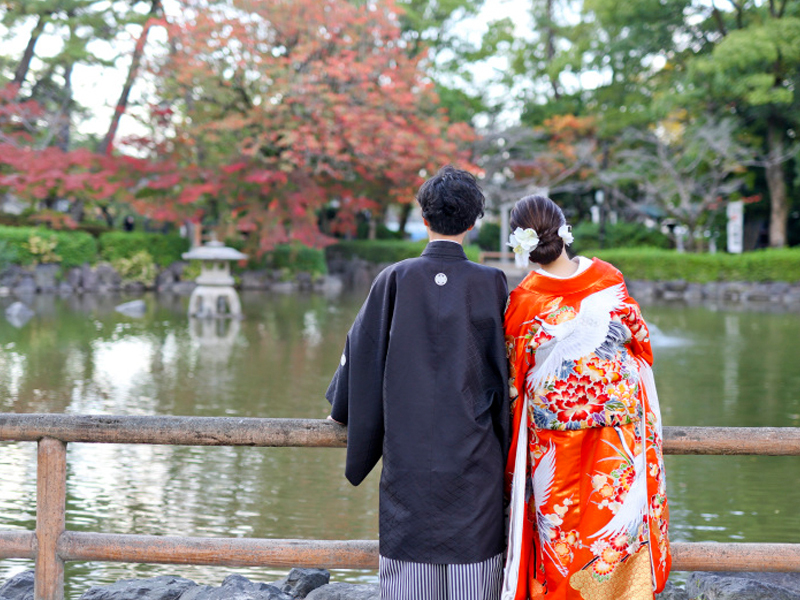 池の向こうを眺めているバックショット