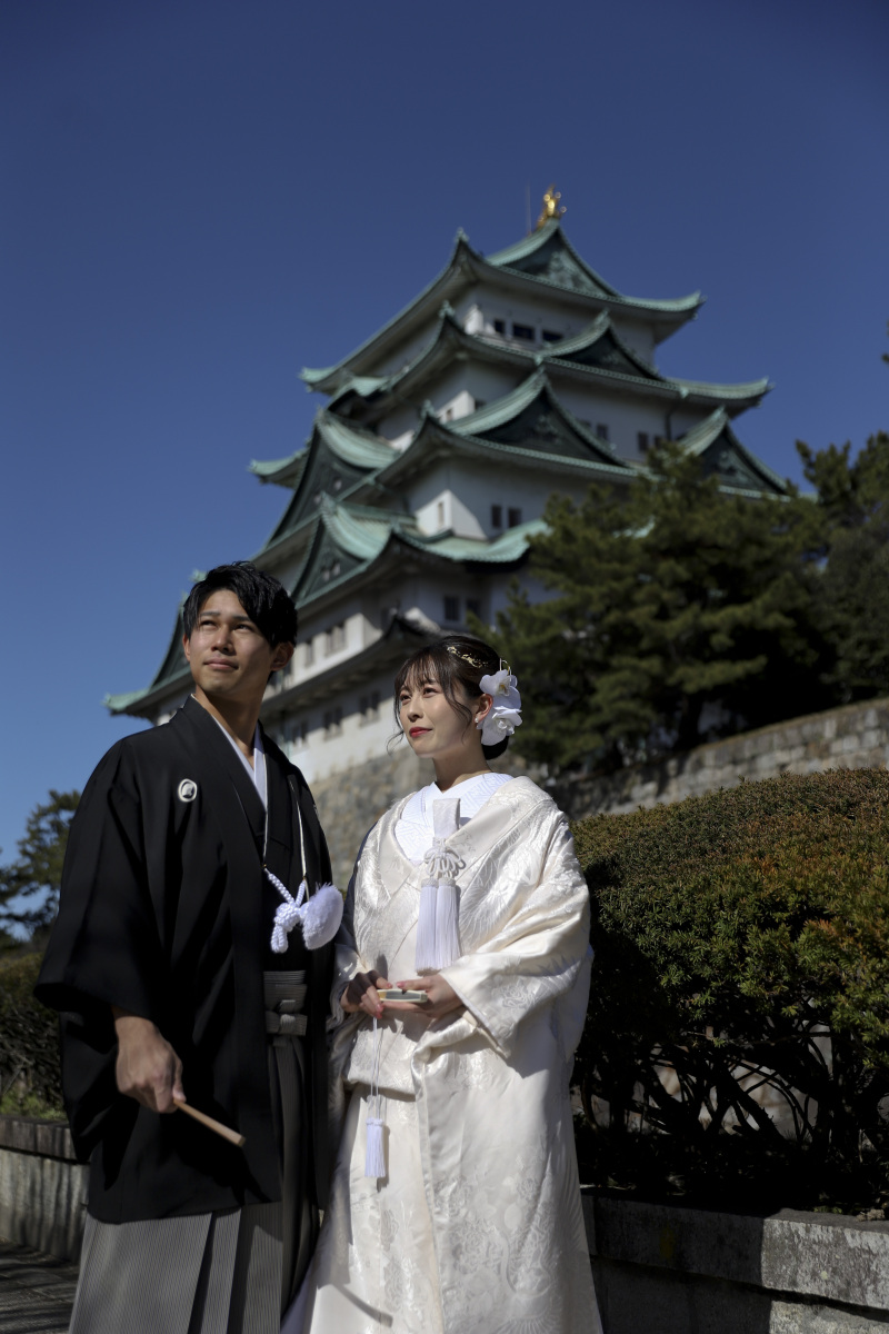 快晴の中名古屋城前で撮影開始