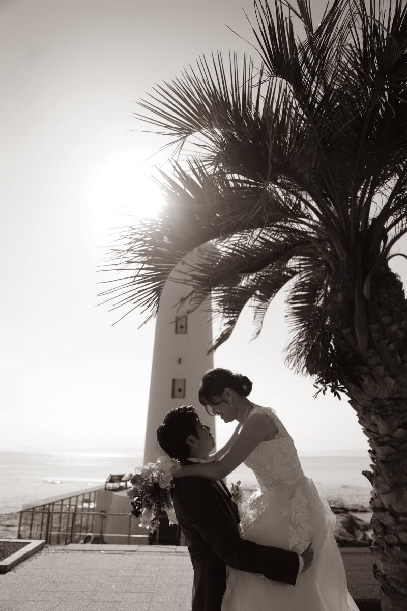 ヤシの木と灯台を背景に