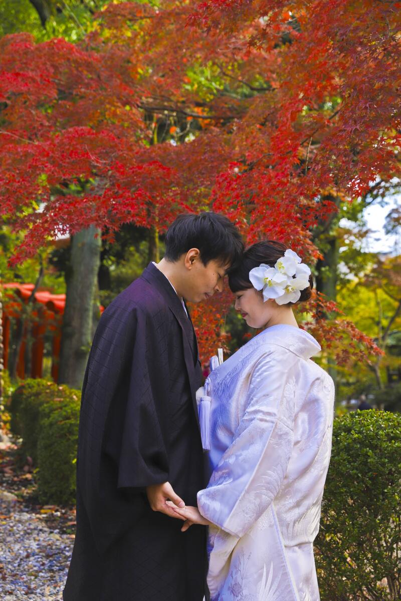 純白の白無垢、紅葉の炎