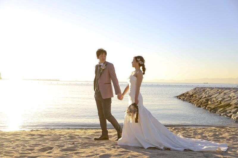 夕日をバックに