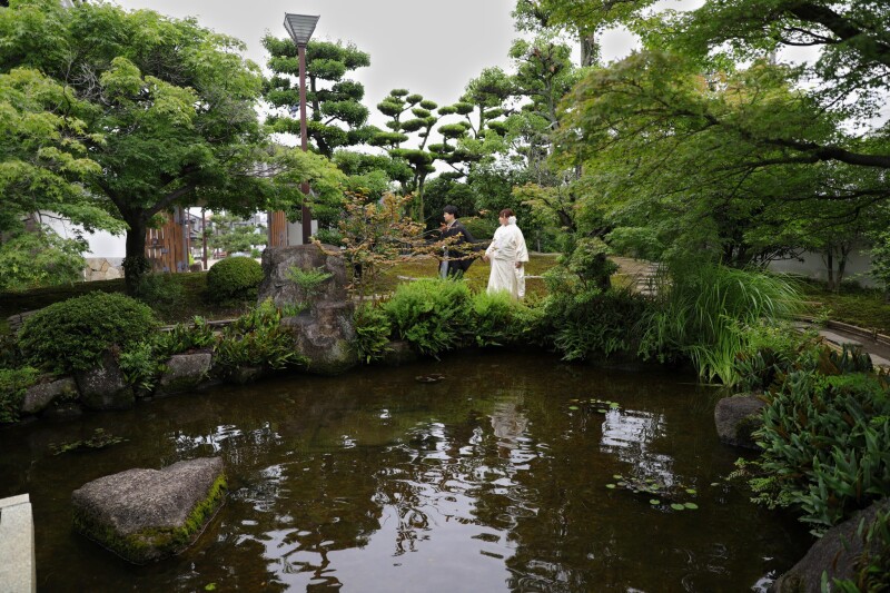 庭園の石畳に佇む後ろ姿