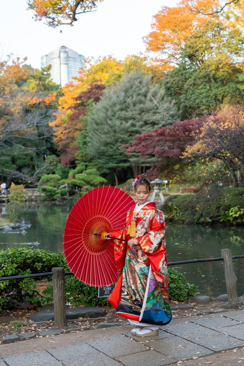 華やかな紅葉を背景に、一段と輝く美しさ