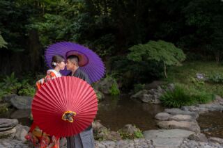 自然豊かな秋の肥後細川庭園にて和装2点ロケ撮影