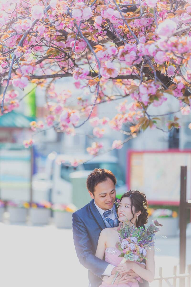 満開の桜の下で寄り添って