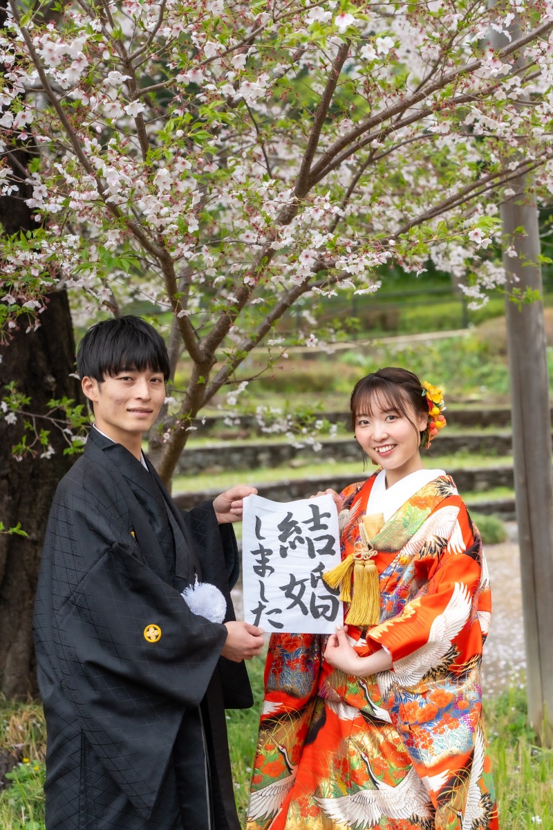手書きの習字で結婚報告フォト