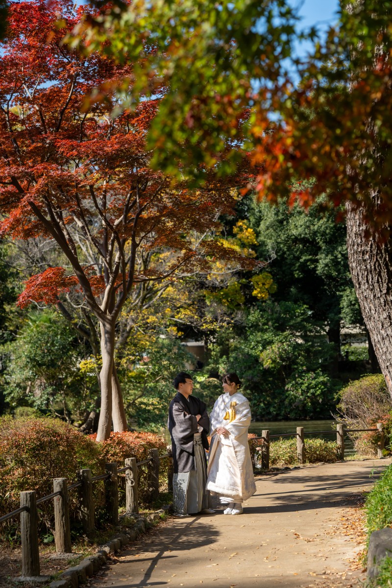 紅葉に包まれ見つめ合う