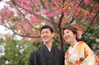 桜の綺麗な公園にて和装ロケ撮影