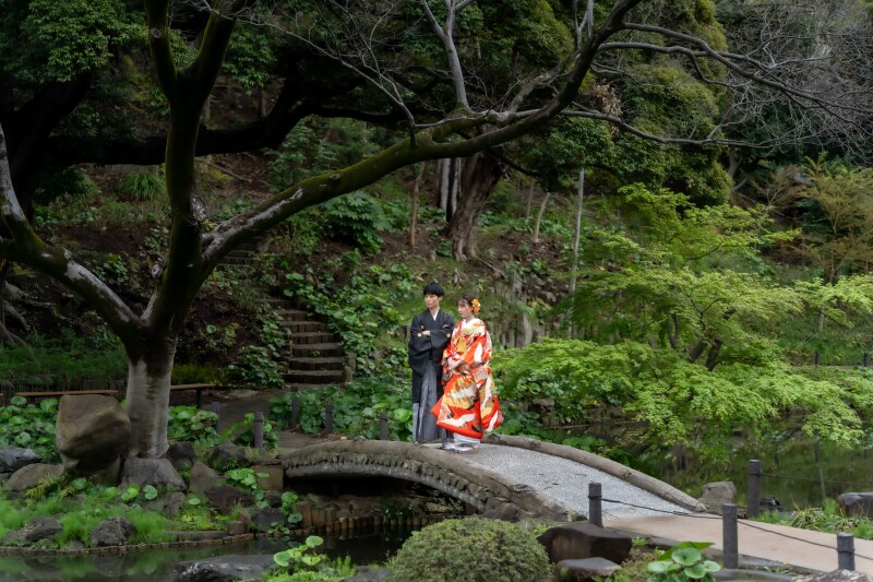 緑に包まれた太鼓橋の上で