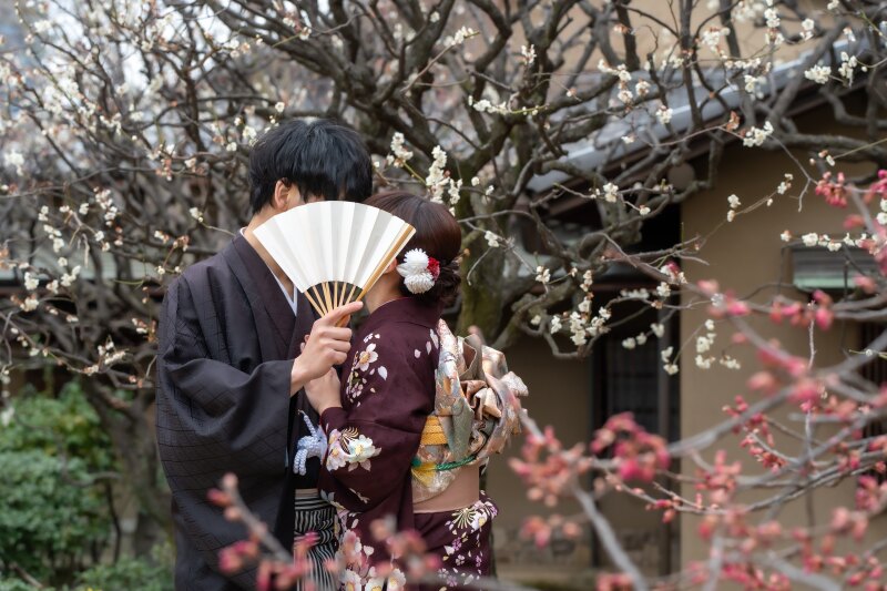 梅の花咲く庭園で和傘ショット