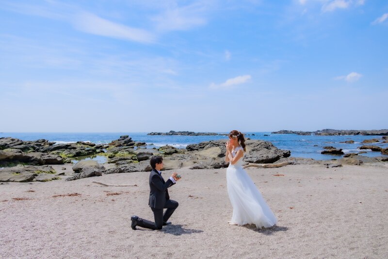 広大な砂浜でロマンチックな誓い