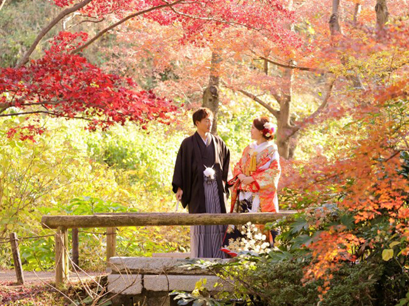 紅葉をバックに