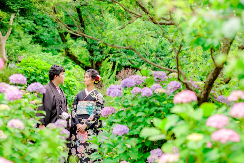 紫陽花に囲まれて語らう二人