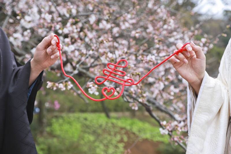 赤い糸で結ばれた「寿」