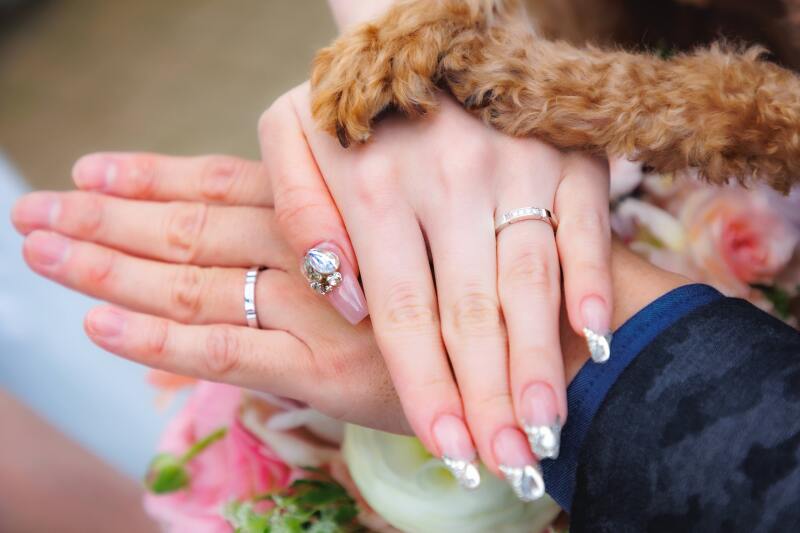 愛犬と共に指輪を披露