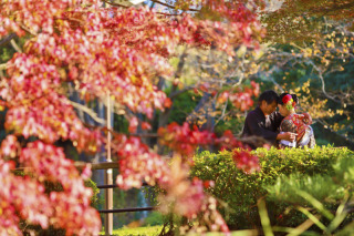 ワンちゃんと一緒に紅葉和装前撮り