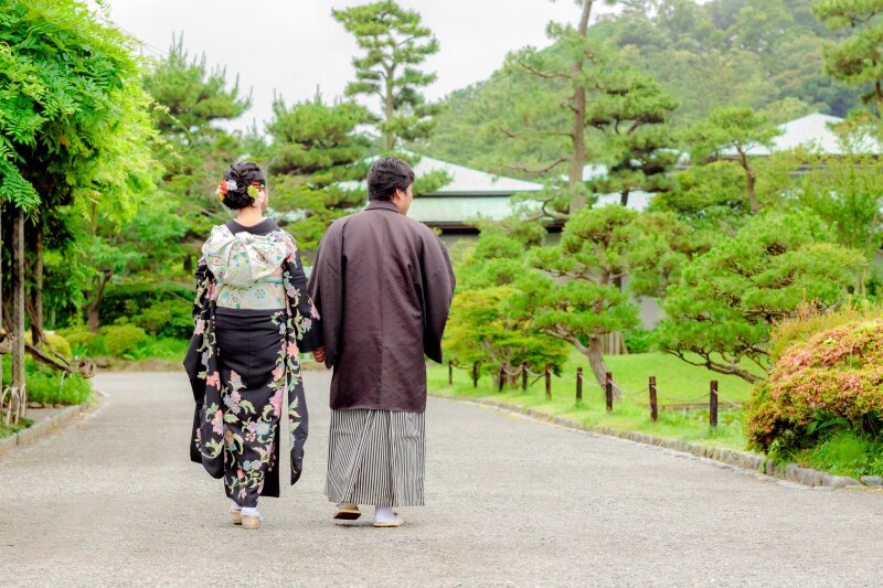 松の並木道を歩む後ろ姿