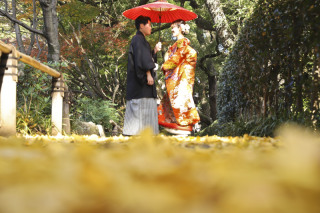紅葉の名残が残る公園で自然+和風前撮りロケーション撮影