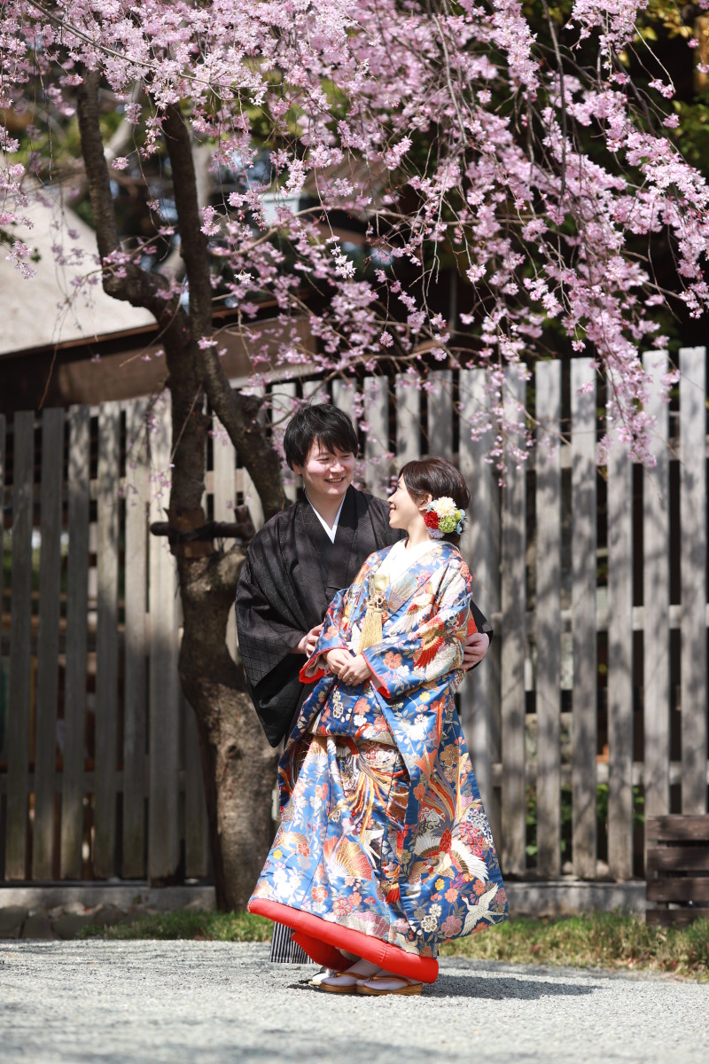 桜の下で笑顔で見つめ合うお二人の1カット