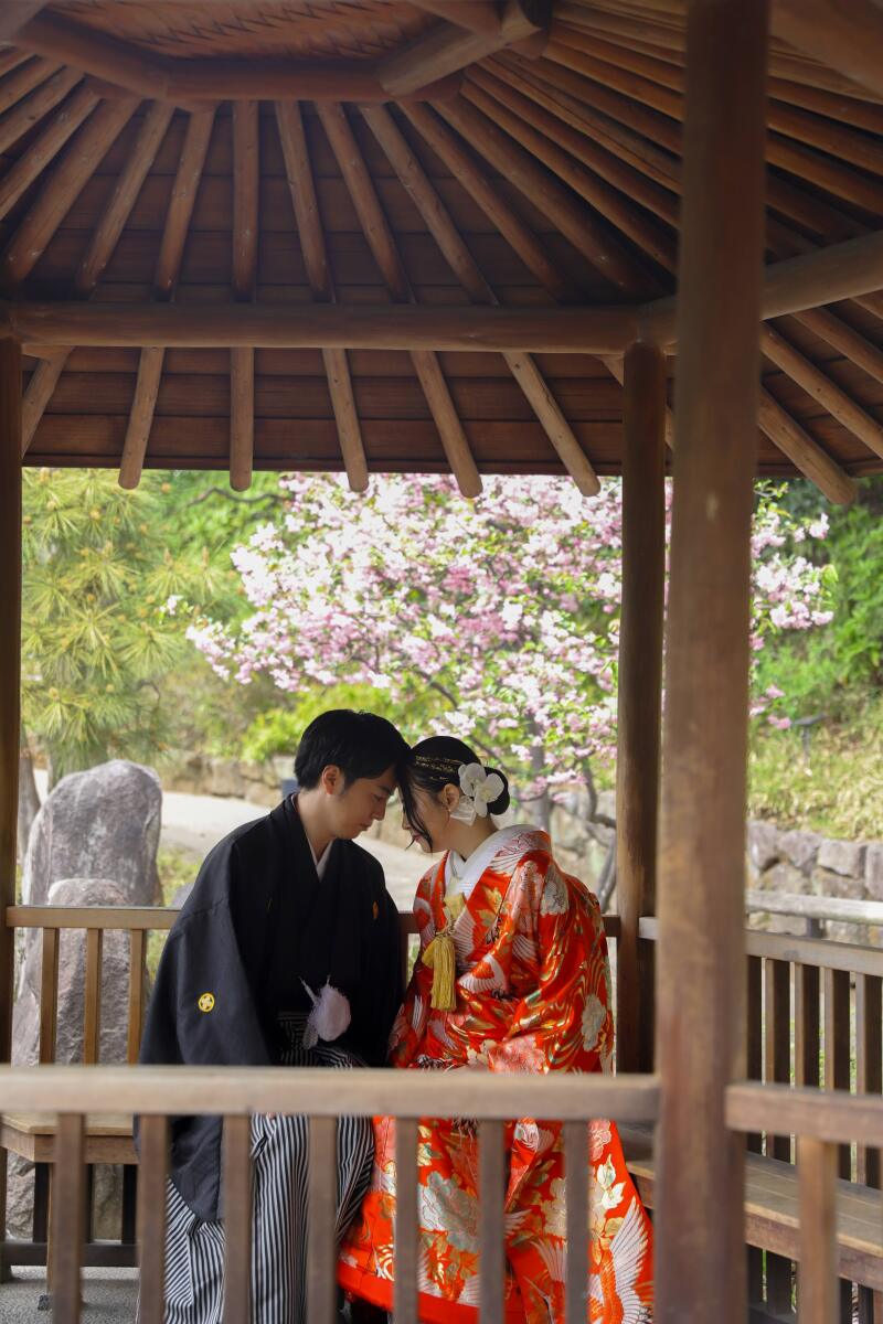 桜を背景に寄り添うお二人