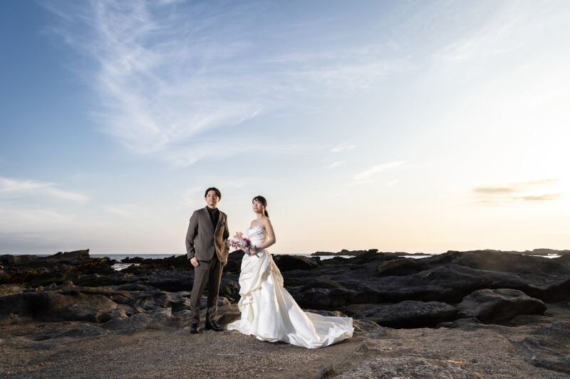 夕焼けの城ヶ島にてウエディング前撮り撮影
