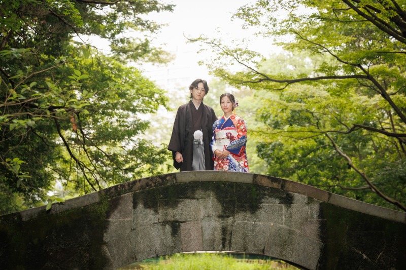 石橋の上で見つめる庭園