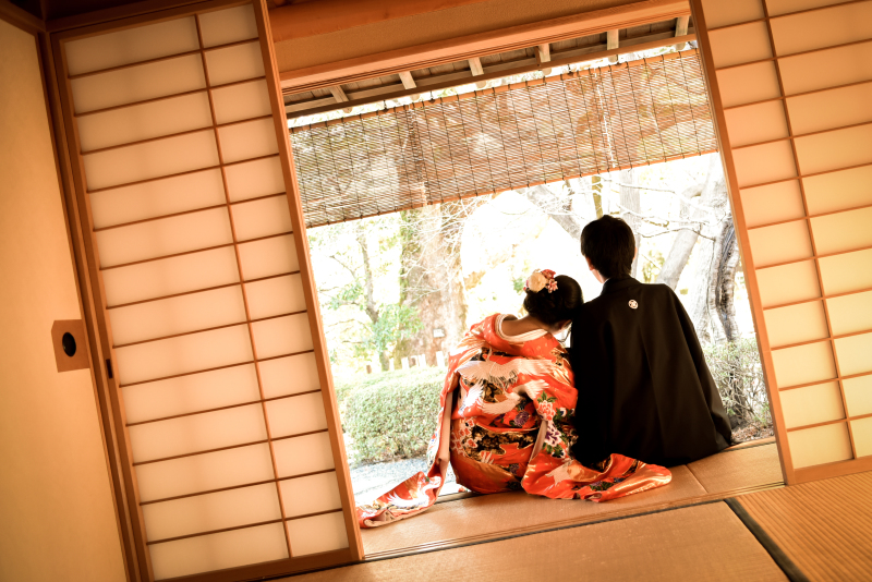 和庭園の中のお茶室を使っての撮影