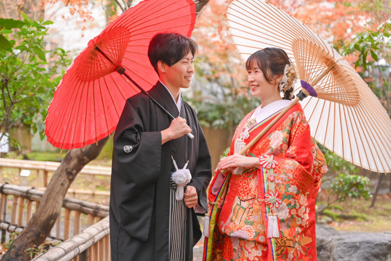 和庭園で撮影 紅葉フォトプラン 新郎新婦衣裳各1着ずつ 全データ付き