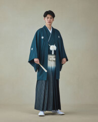 緑刺子紋付袴　緑ぼかし銀縦錦華